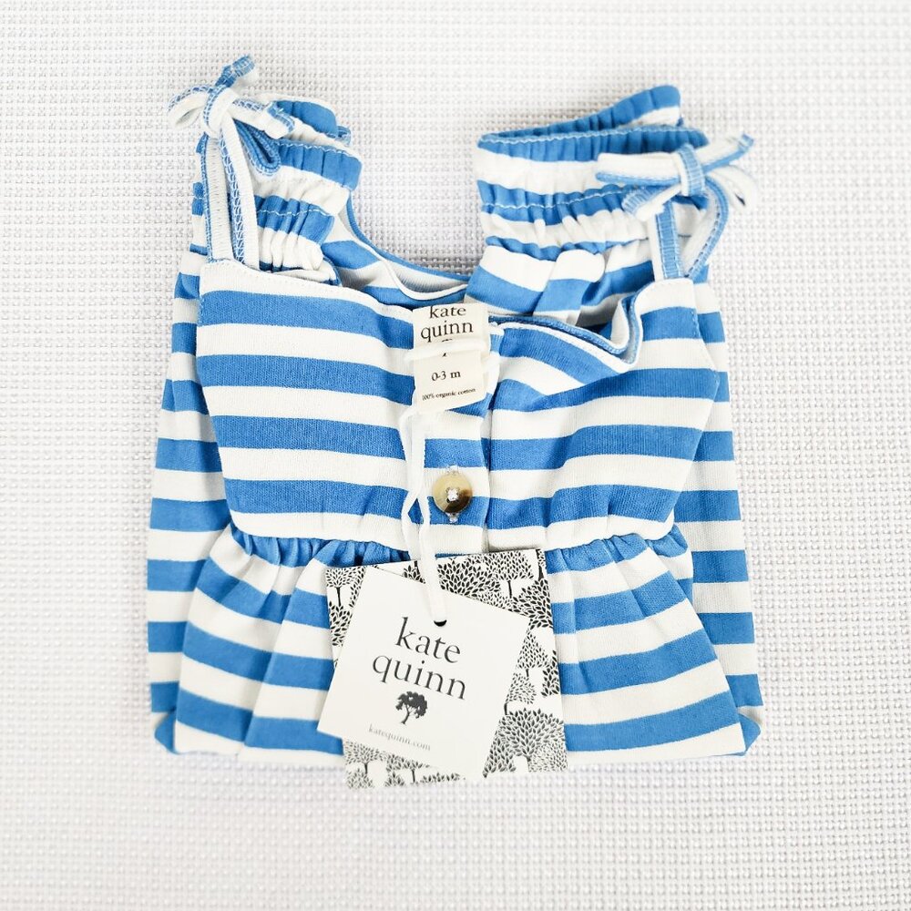 Kate Quinn Gathered Smock Tie Jumpsuit Mediterranean Stripe 0-3 Months Organic - Picture 6 of 10
